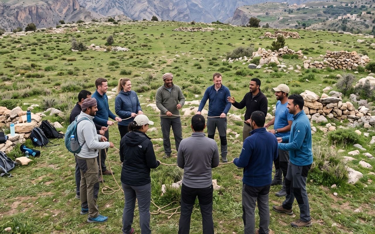 Team doing a rope activity on a green mountain plateau