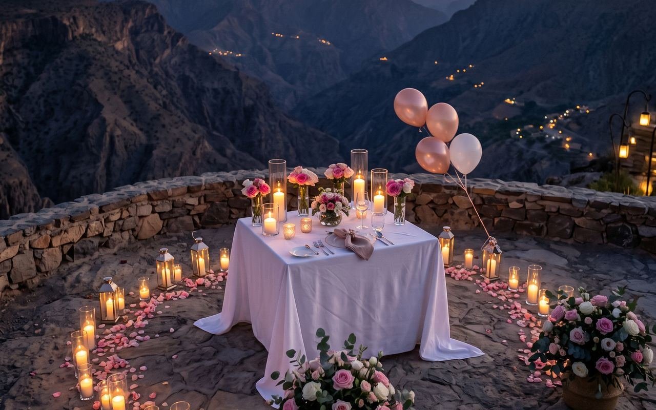 Candle-lit proposal table with roses and balloons on a mountain terrace