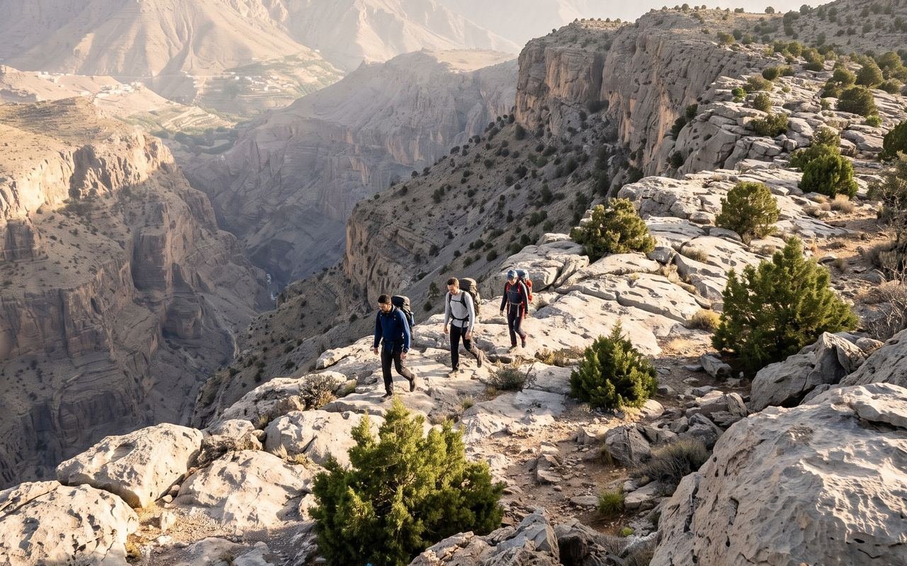 Three hikers on a rocky ridge above a canyon