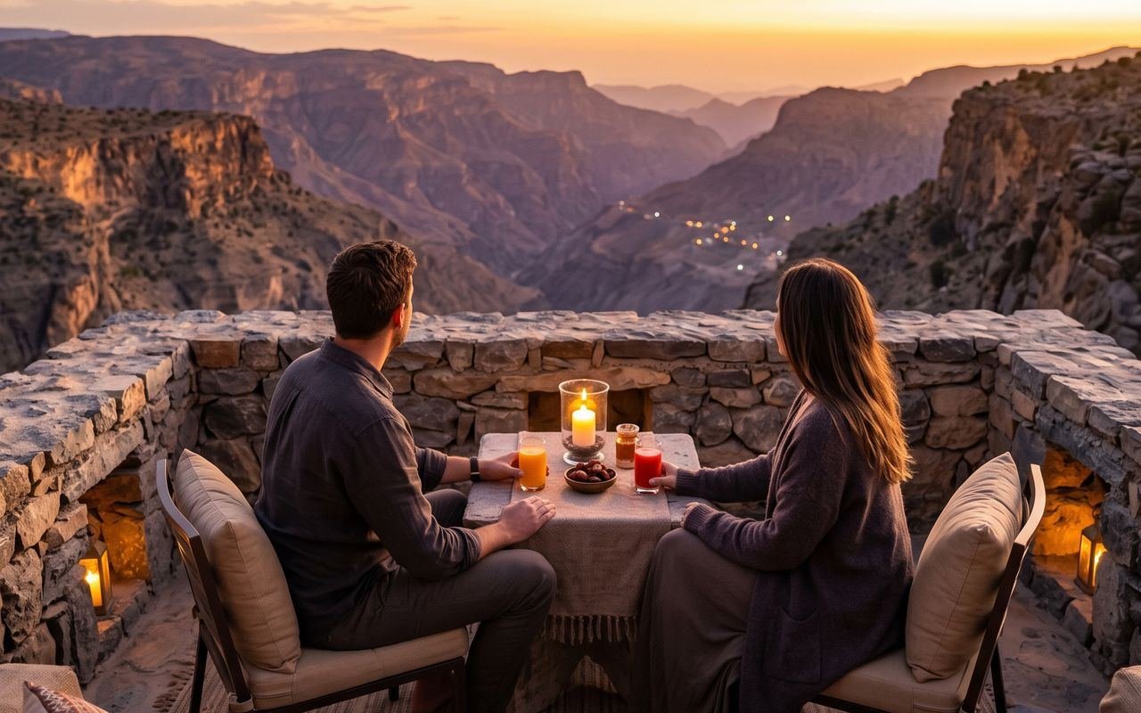 Couple at a candle-lit table overlooking the canyon at sunset