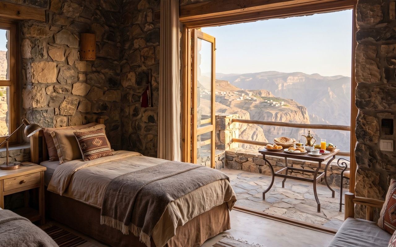 Stone guest room with breakfast on a balcony over the canyon