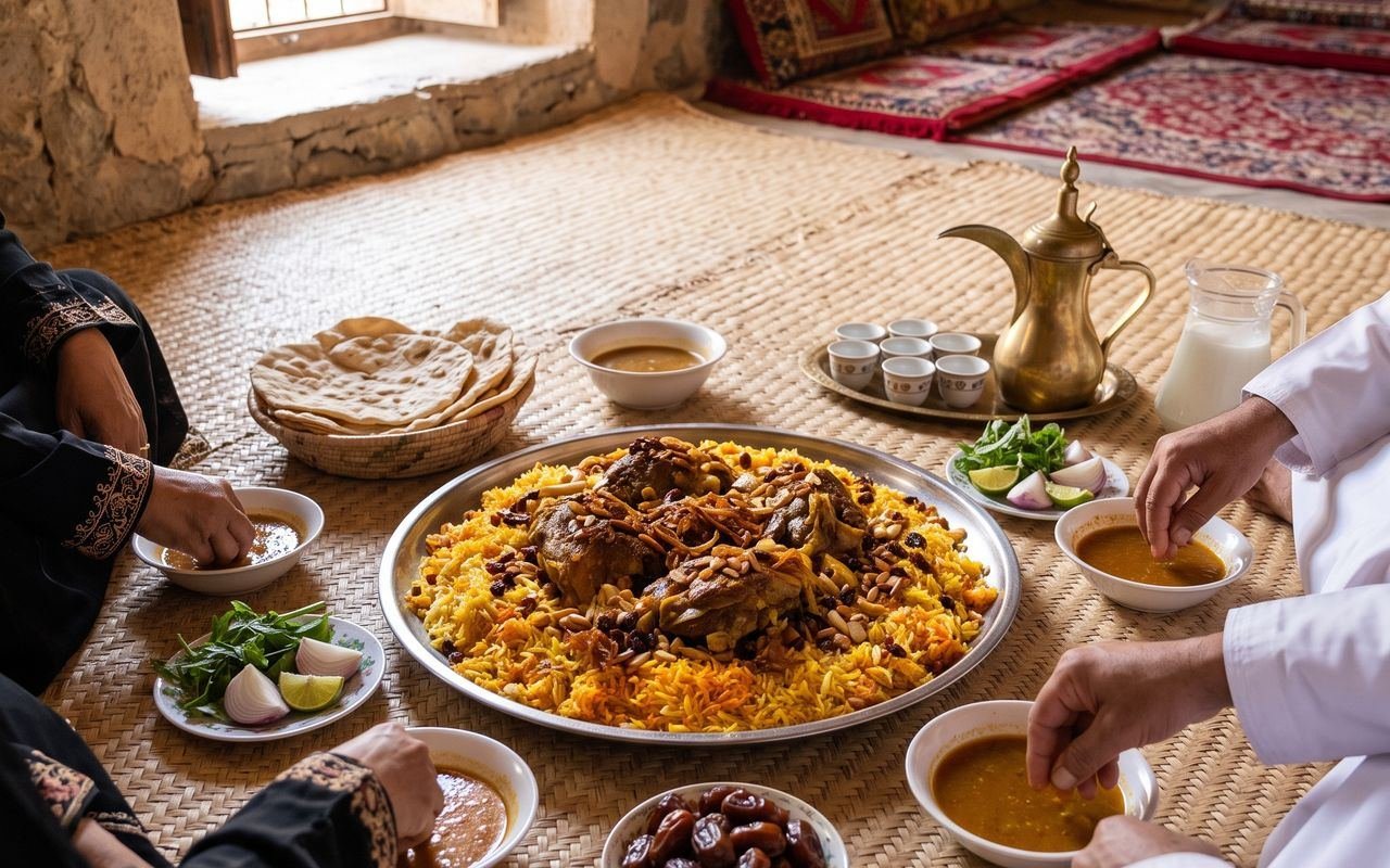 Omani rice and lamb platter with dates and coffee