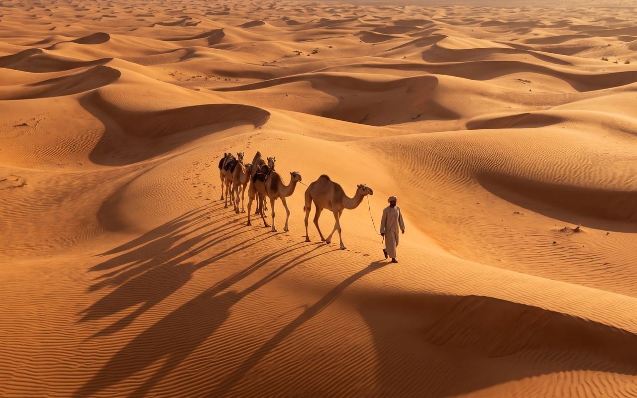 Camel caravan crossing golden sand dunes