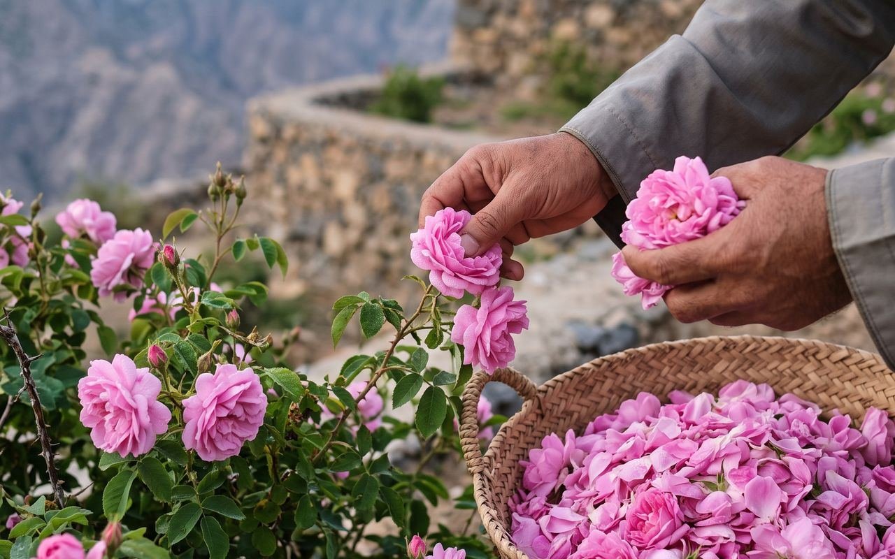 Hands picking pink Damask roses into a woven basket