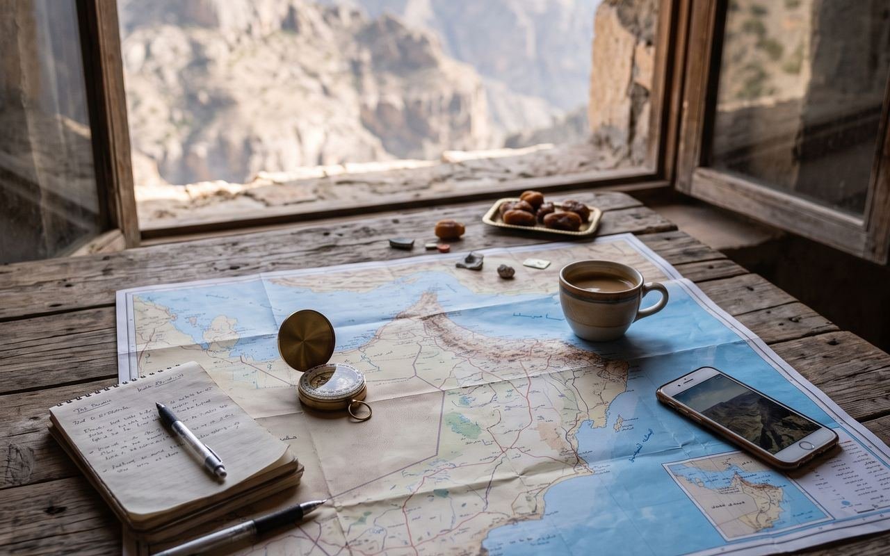 Map of Oman, compass and notebook by a window over the canyon