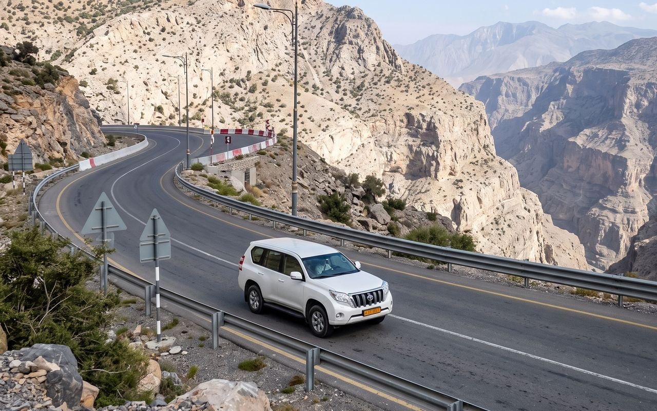 White 4x4 on the winding Jabal Al Akhdar mountain road