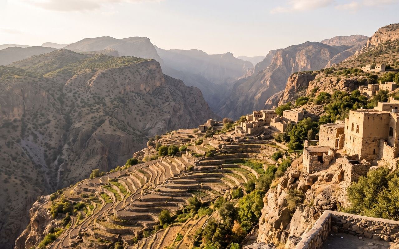 Stone village above terraced farms on the canyon edge